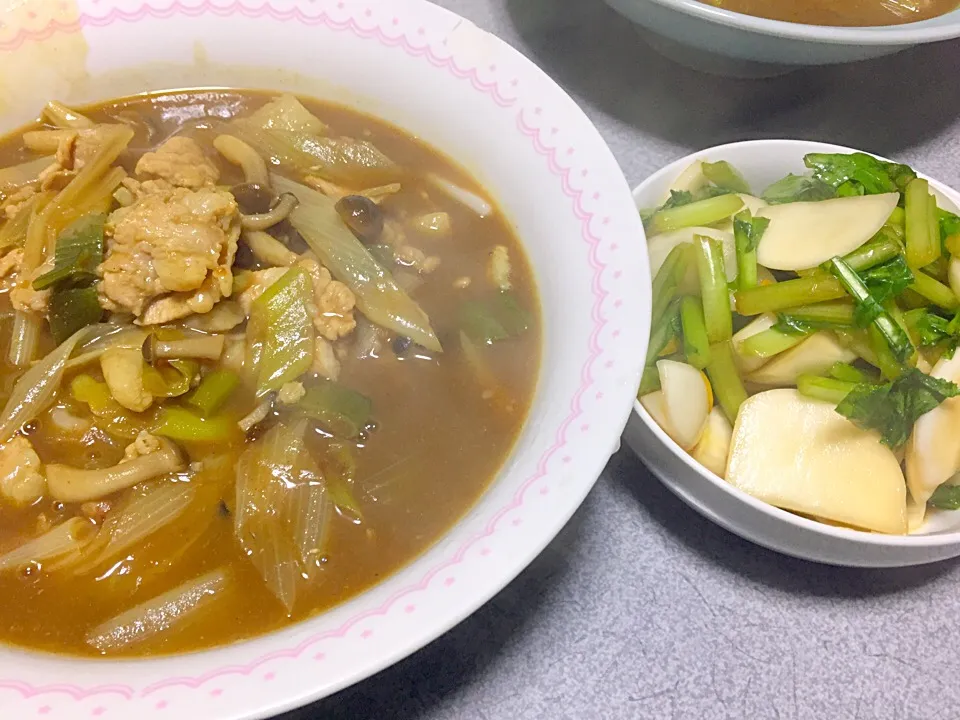 具沢山カレーうどん(肉ネギきのこ)、柚子カブカブ葉|ms903さん