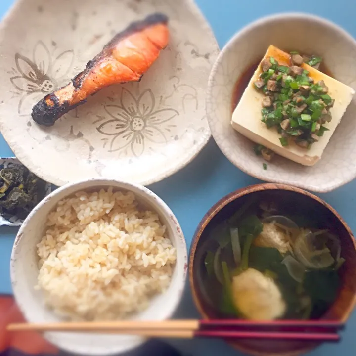 おひるごはん
鮭
鶏団子スープ
冷奴 ツナニラがけ
カブの葉のお漬物
ごはん|空飛ぶペンギンさん