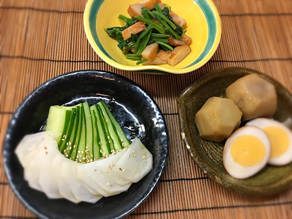 かぶサラダ、里芋たまご煮、ほうれん草の辛子和え|こぼるさん