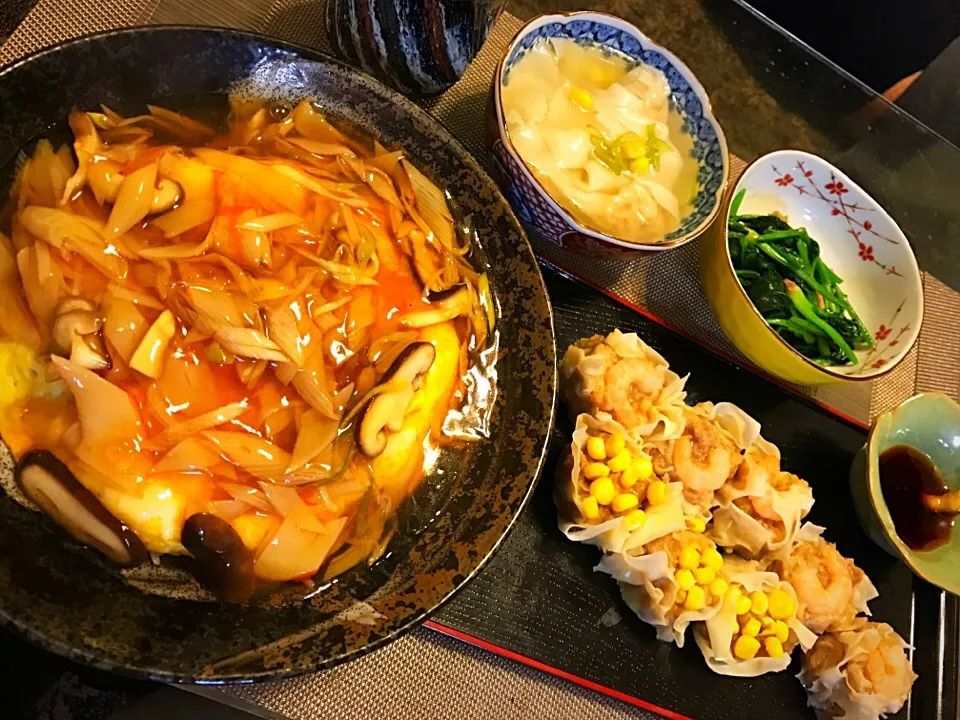 Snapdishの料理写真:#黒酢あん天津飯#海老焼売#海老ワンタン スープ#青菜炒め|あいさん