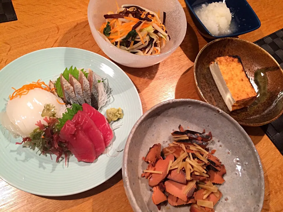 💫刺身三種
💫なまりぶし 生姜
💫もやしの酢の物
💫焼き厚揚げ|doc3387さん