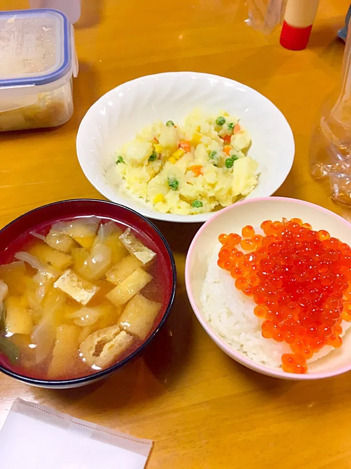 いくら丼、ポテトサラダ、味噌汁|かななんさん