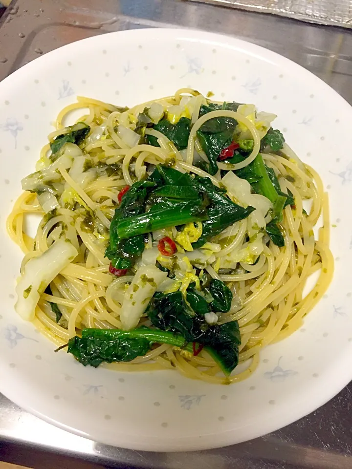 白菜とほうれん草のペペロンチーノ青海苔風味|田中秀和さん