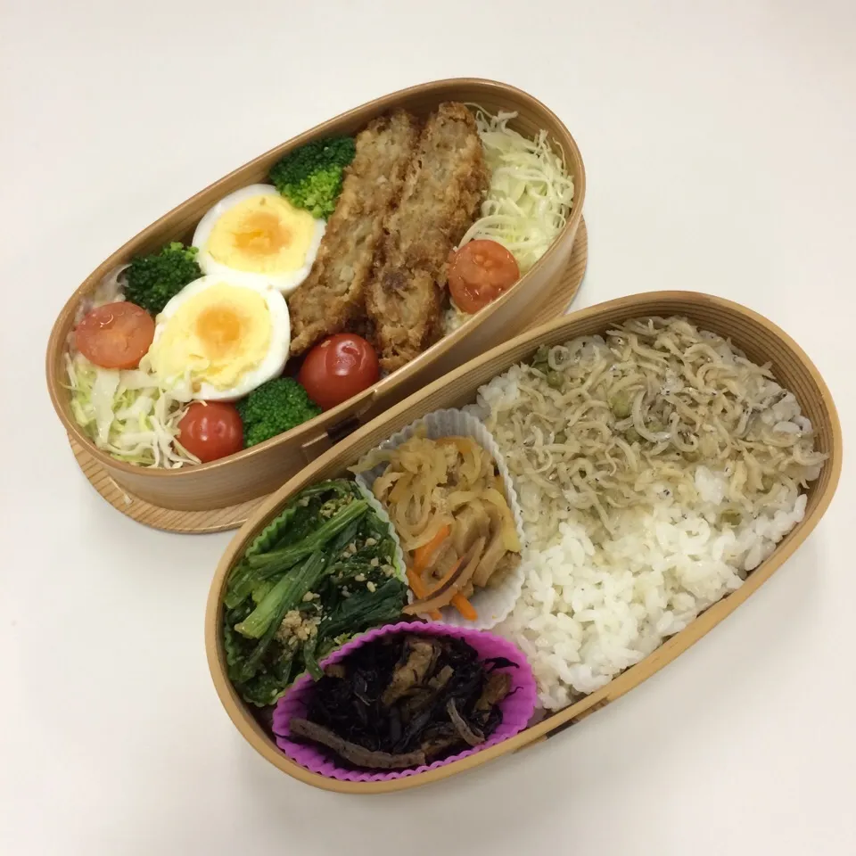 弁当（メンチカツ、ゆで玉子、サラダ、切り干し大根、五目ひじき、ほうれん草ゴマ和え、ちりめん山椒）|SasaMasa213さん