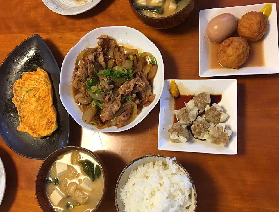 昼ごはんは〜
旦那と二人❗️
豚の生姜焼き  ネギの玉子焼き  おでんの残り  シュウマイもお弁当の残り💦
豆腐とワカメとお揚げさんの味噌汁|みゆさん