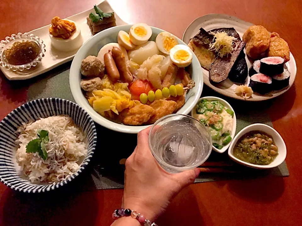 Today's Dinner🍴前菜･ﾈｷﾞﾄﾛ&稲荷寿し･鯖と茄子の味噌煮･おでん･しらす大麦飯･ｵｸﾗ大和芋･めかぶ納豆|🌈Ami🍻さん