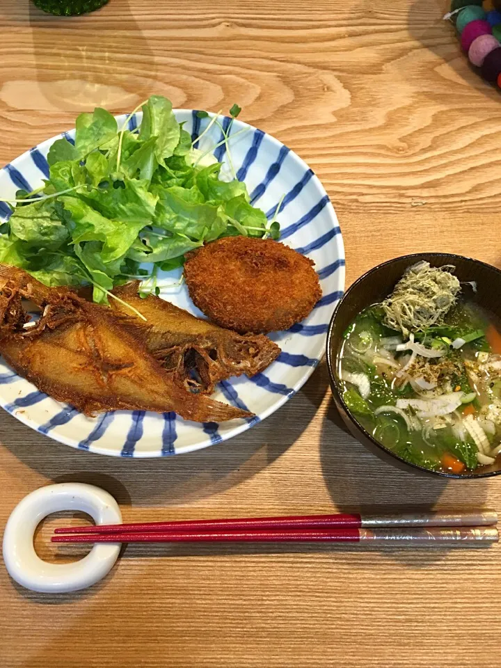 Snapdishの料理写真:今夜のん♪ 

コロッケ
カレイの唐揚げ
味噌汁
サラダ|Momo Hanaさん