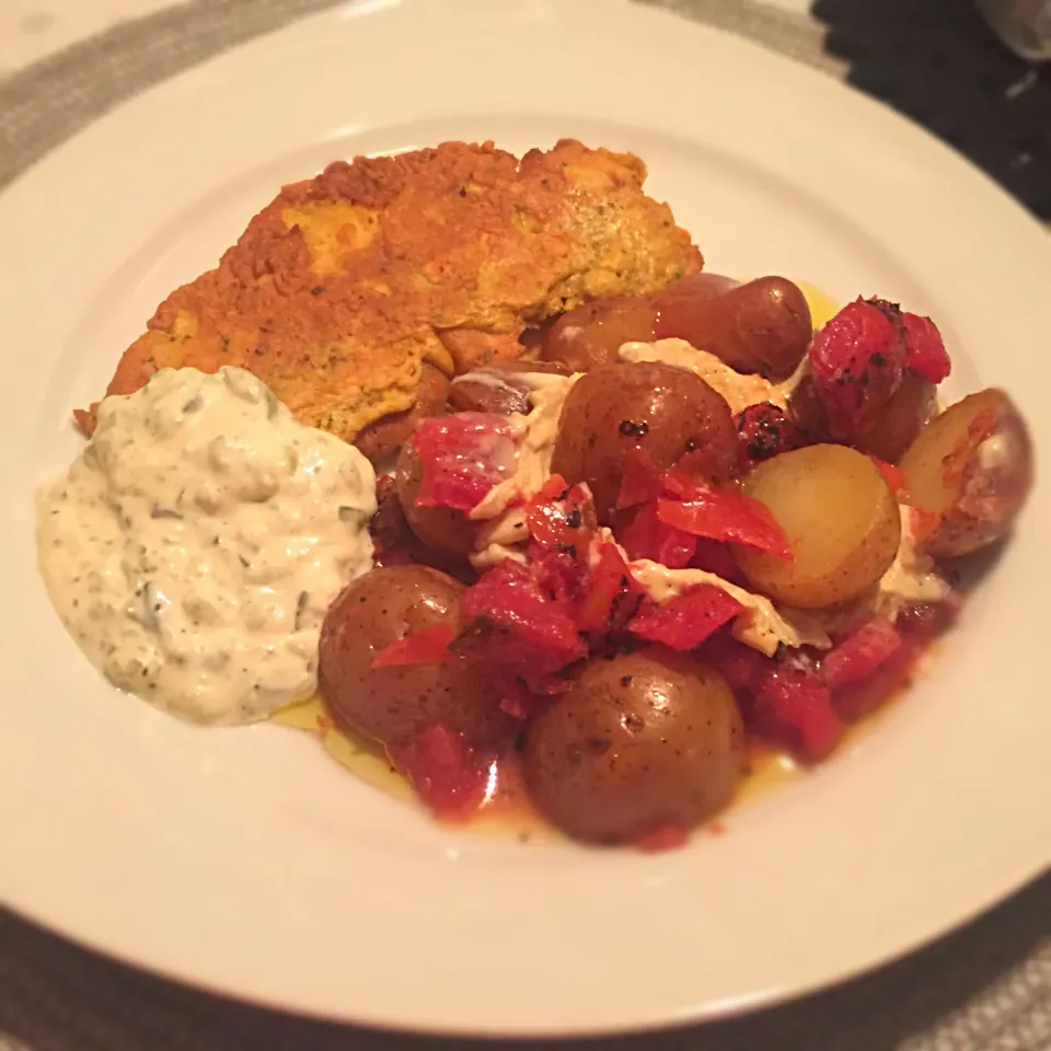 Cheesy Roasted Tomato Potatoes & Chick Pea Battered Haddock|T.E.Dennisさん