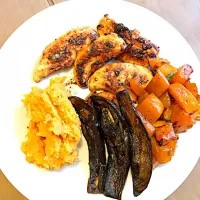 Chicken breasts with soy Aubergine, Sweet potato mash and Butternut Squash.|Food and Healthさん