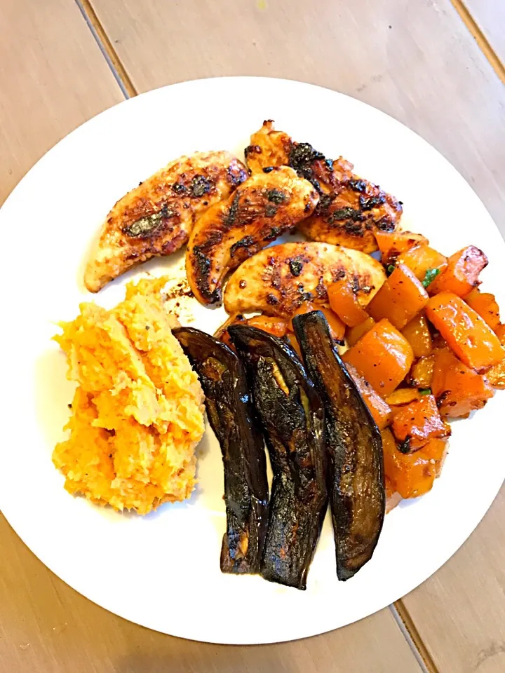 Chicken breasts with soy Aubergine, Sweet potato mash and Butternut Squash.|Food and Healthさん