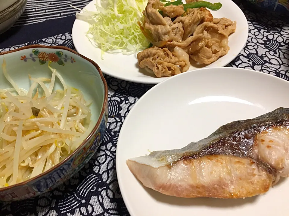 Snapdishの料理写真:サワラの塩焼き・豚肉にんにく炒め・・生姜焼きにするつもりが、生姜を切らしていた！これがほんとの、しょうがない💦|Yuko Kisoさん