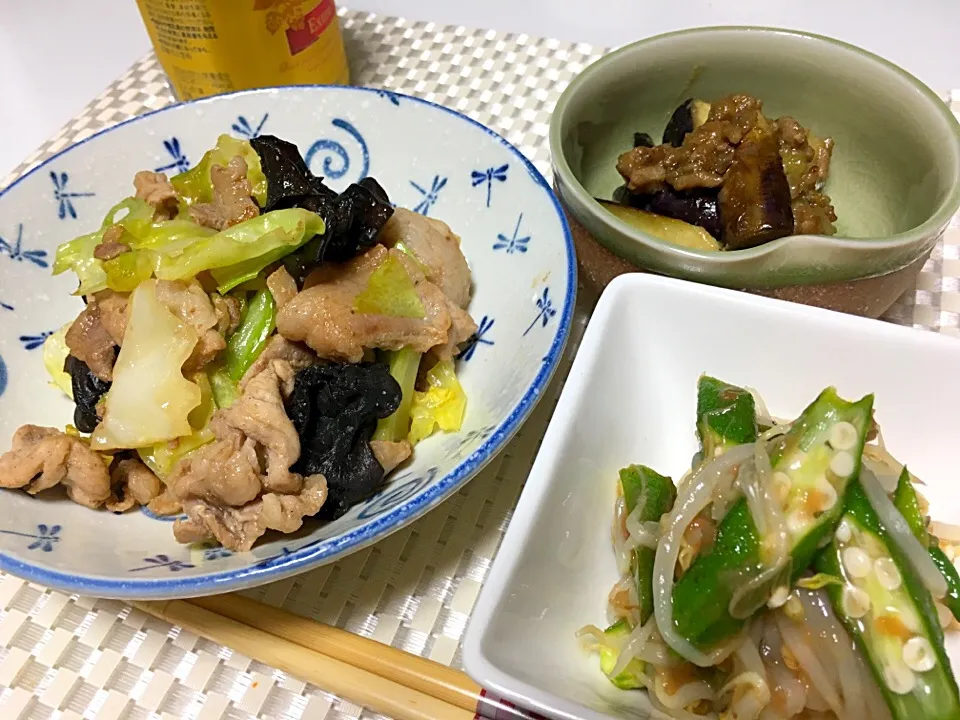 豚肉中華炒め、梅肉和え、茄子味噌炒め|ずずさん