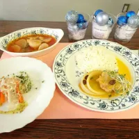 野菜たっぷり☆プチパーティー
(料理教室)
チキンのみかんジュース煮・スパイス&ガーリックライス・キラキラジュレサラダ・カブのレッドスープ|yukiko ookiさん