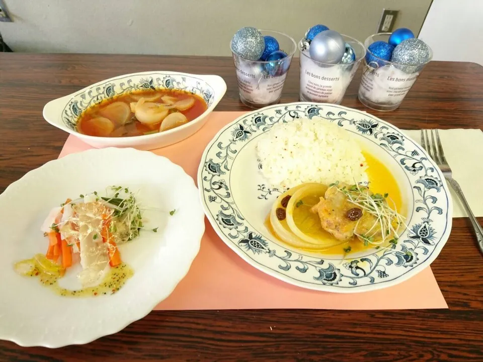 野菜たっぷり☆プチパーティー
(料理教室)
チキンのみかんジュース煮・スパイス&ガーリックライス・キラキラジュレサラダ・カブのレッドスープ|yukiko ookiさん