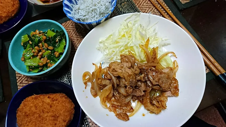 豚のしょうが焼き&コロッケ&しらすおろし&小松菜納豆|まぐろさん