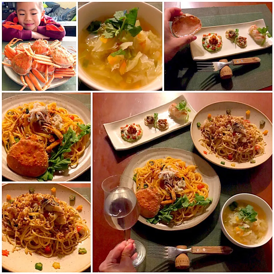 Snapdishの料理写真:Today's Snow crab Dinner🍴前菜･ﾊﾟｽﾀ2種<蟹のﾄﾏﾄｸﾘｰﾑ･鯵とお野菜>･野菜たっぷりのｺﾝｿﾒｽｰﾌﾟ|🌈Ami🍻さん