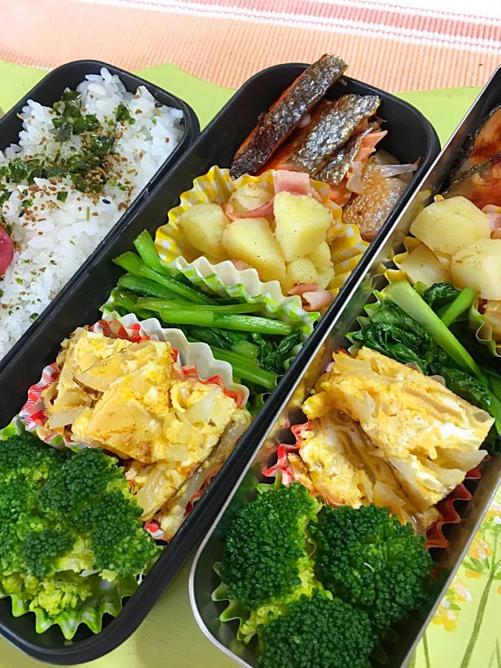 塩鮭 小松菜炒め煮 ジャーマンポテト オムレツ ブロッコリー弁当。麦入りごはんとチリメン山椒ふりかけで。|Kumiko Kimuraさん