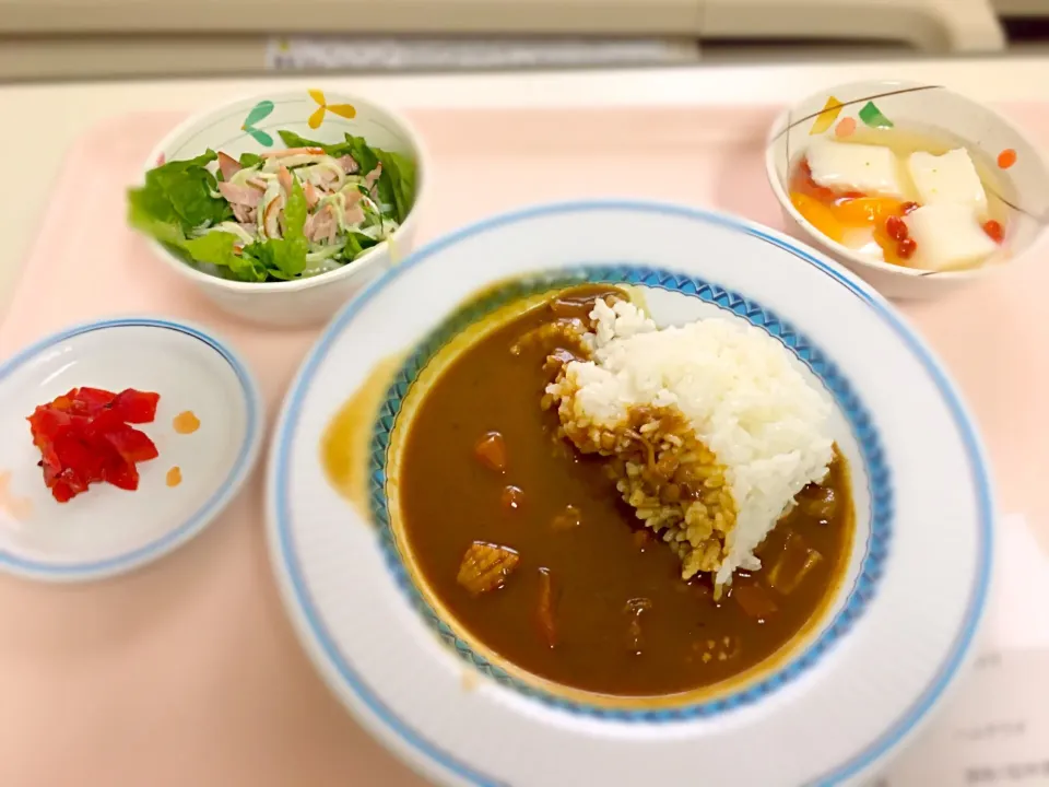 病院のお昼ご飯~シーフードカレー、ハムサラダ、杏仁豆腐|hauuuu1113さん