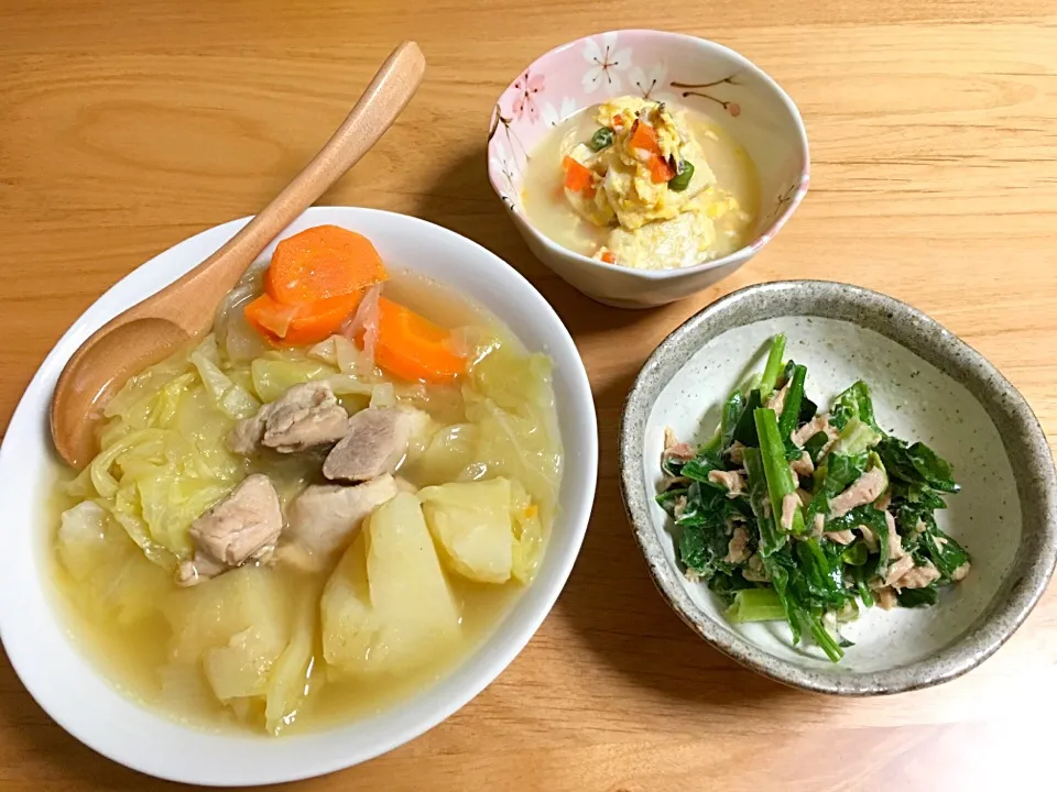 Snapdishの料理写真:ポトフ⭐️ほうれん草とツナのマヨぽん和え⭐️高野豆腐の卵とじ|ほなさん