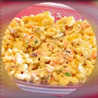 Macaroni Salad~ elbow mac, shredded roasted chicken, onions, carrots, celery, green onions, pineapple, apples, dried cranberries, sweet pickles relish, mayo, mu