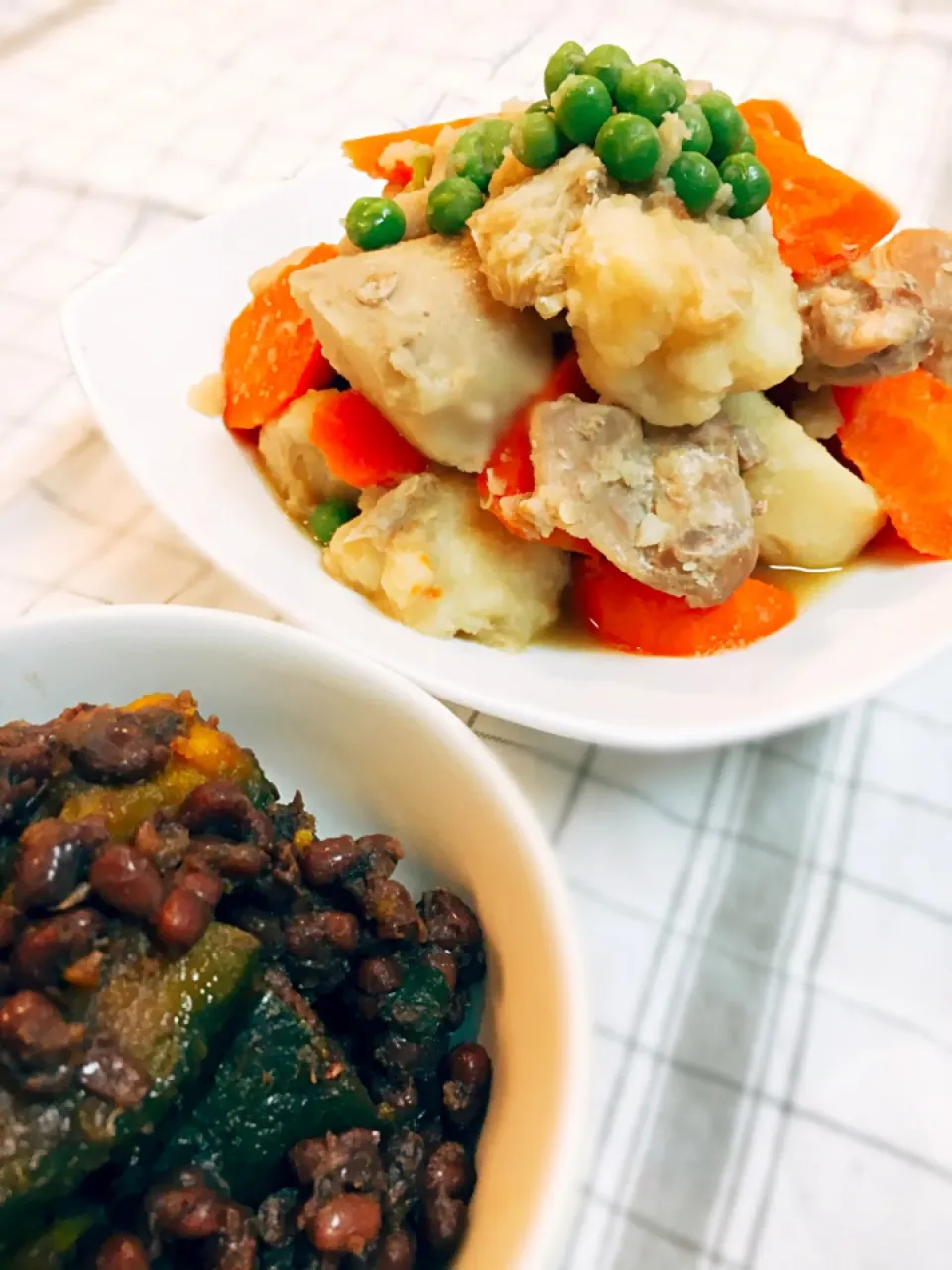 煮物二種→カボチャと小豆の煮物、里芋と鶏肉の旨煮|みさん