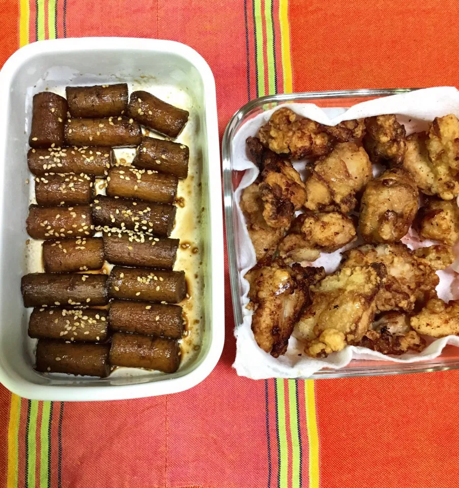 ごぼうの揚げ煮、とりの唐揚げ|もっちさん