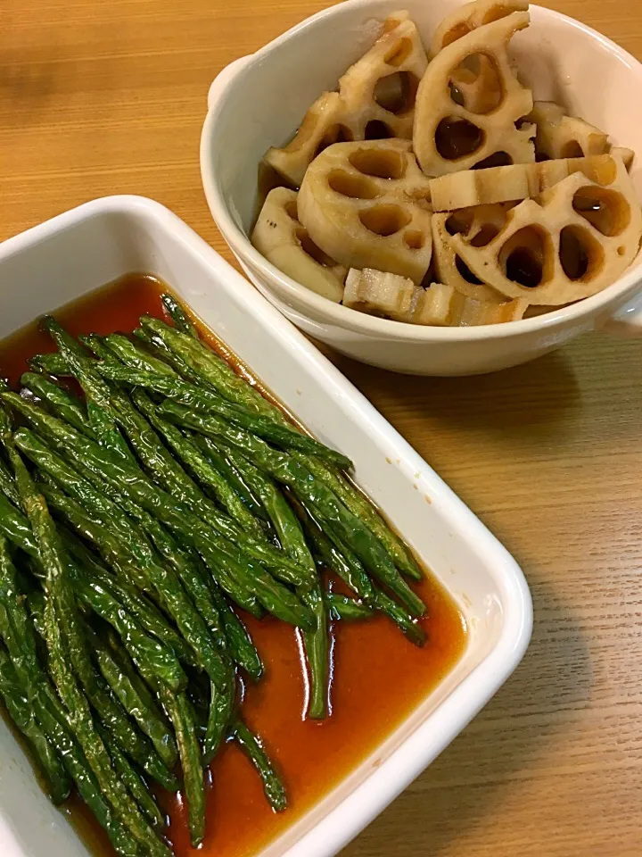 インゲン豆の素揚げ🎄レンコンの煮物🎅|mariko washioさん