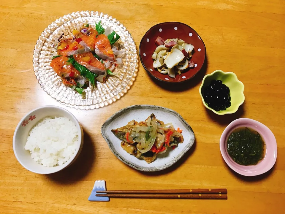 夕ごはん                                                         鯵の南蛮漬け                                                               サーモンカルパッチョ|ちゃみこさん