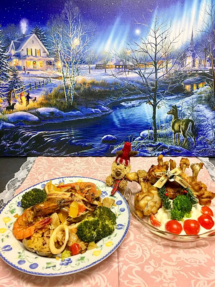 クリスマスイヴイヴ🎄🌟
パエリア🥘とチューリップ唐揚げ🌷
ポテトサラダ🥗|きゅうちゃんさん