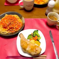 海老トマトクリームパスタ、オニオンスープ、鳥もも肉のコンフィ|みきさん