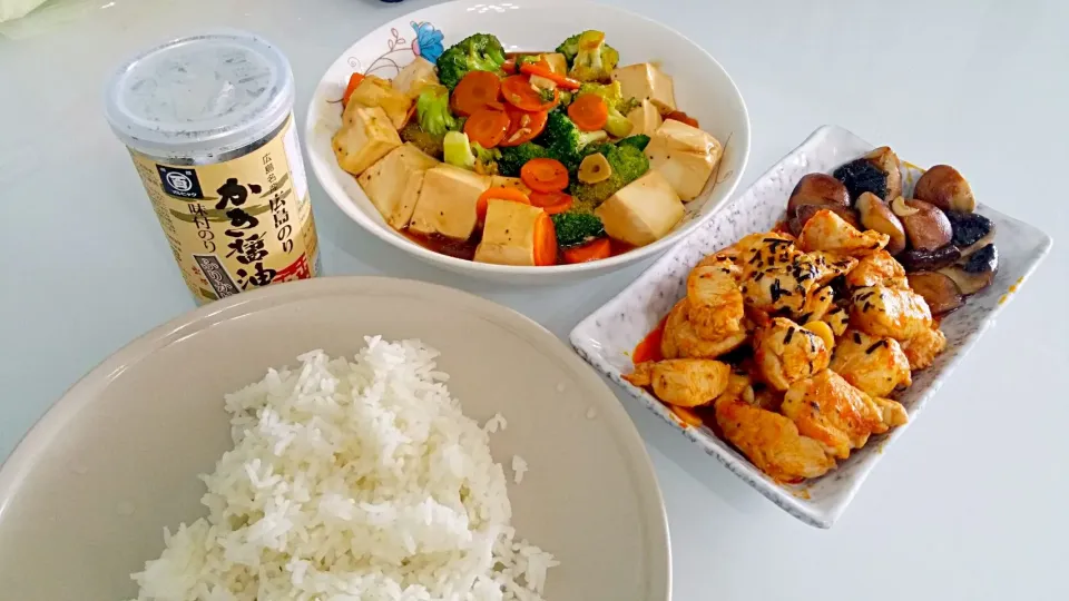 Spicy chicken sautéed mushrooms + stir fry veg tofu 😋😜💁quick & easy lunch|🌷lynnlicious🌷さん