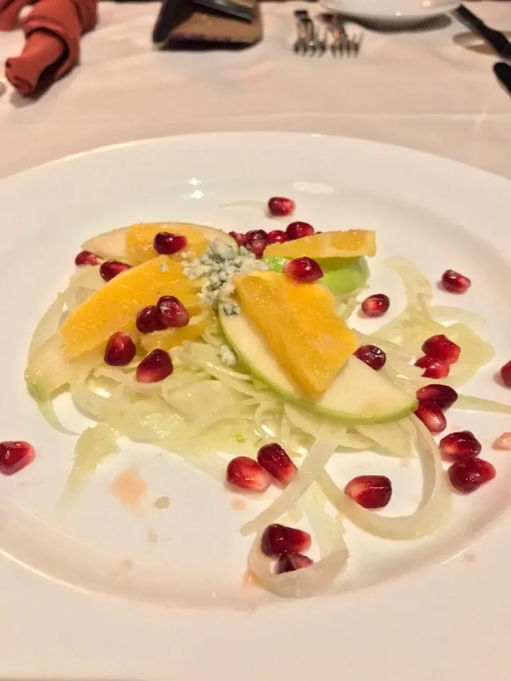 Insalata Invernale
Shaved fennel, orange, Granny Smith apples, topped with Gorgonzola, pomegranate pips, and citrus vinaigrette|Ryderさん