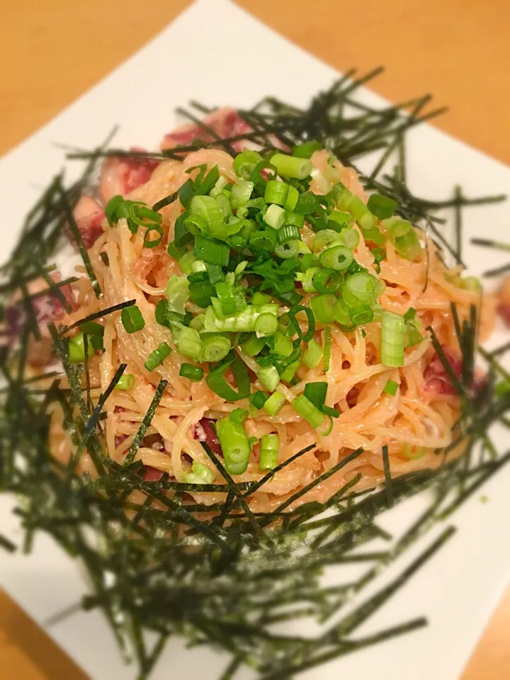 タコの明太マヨパスタ ニンニクたっぷり(☝︎ ՞ਊ ՞)☝︎|アリエッティさん