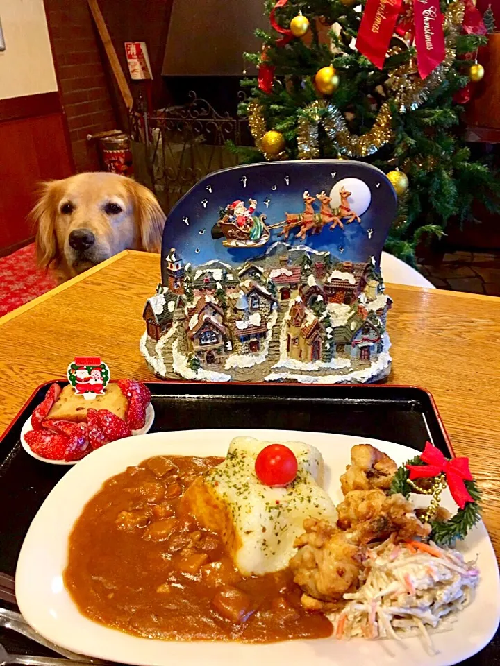 Snapdishの料理写真:クリスマス🎄ランチ🎅
カレー🍛とチューリップチキン🍖
ブランデーケーキ🍓添え|きゅうちゃんさん