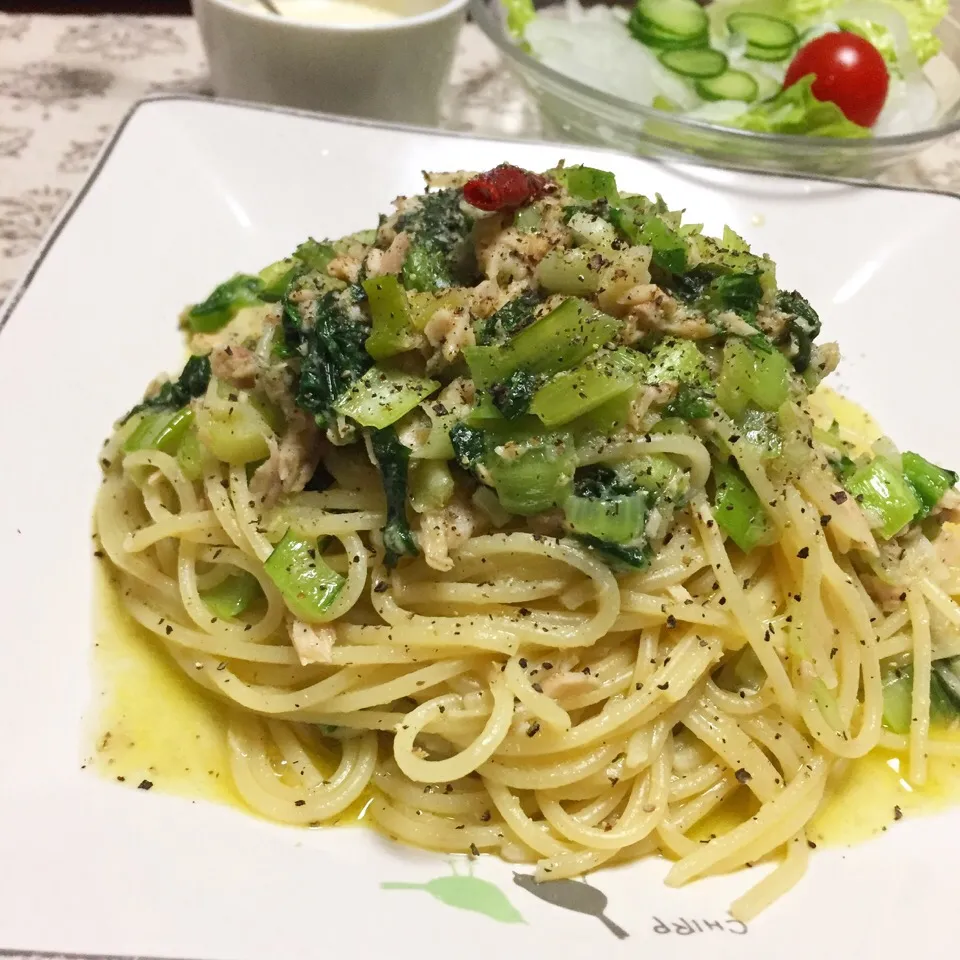 小松菜とツナの柚子胡椒ペペロンチーノスパゲティー|カウンター嬢さん