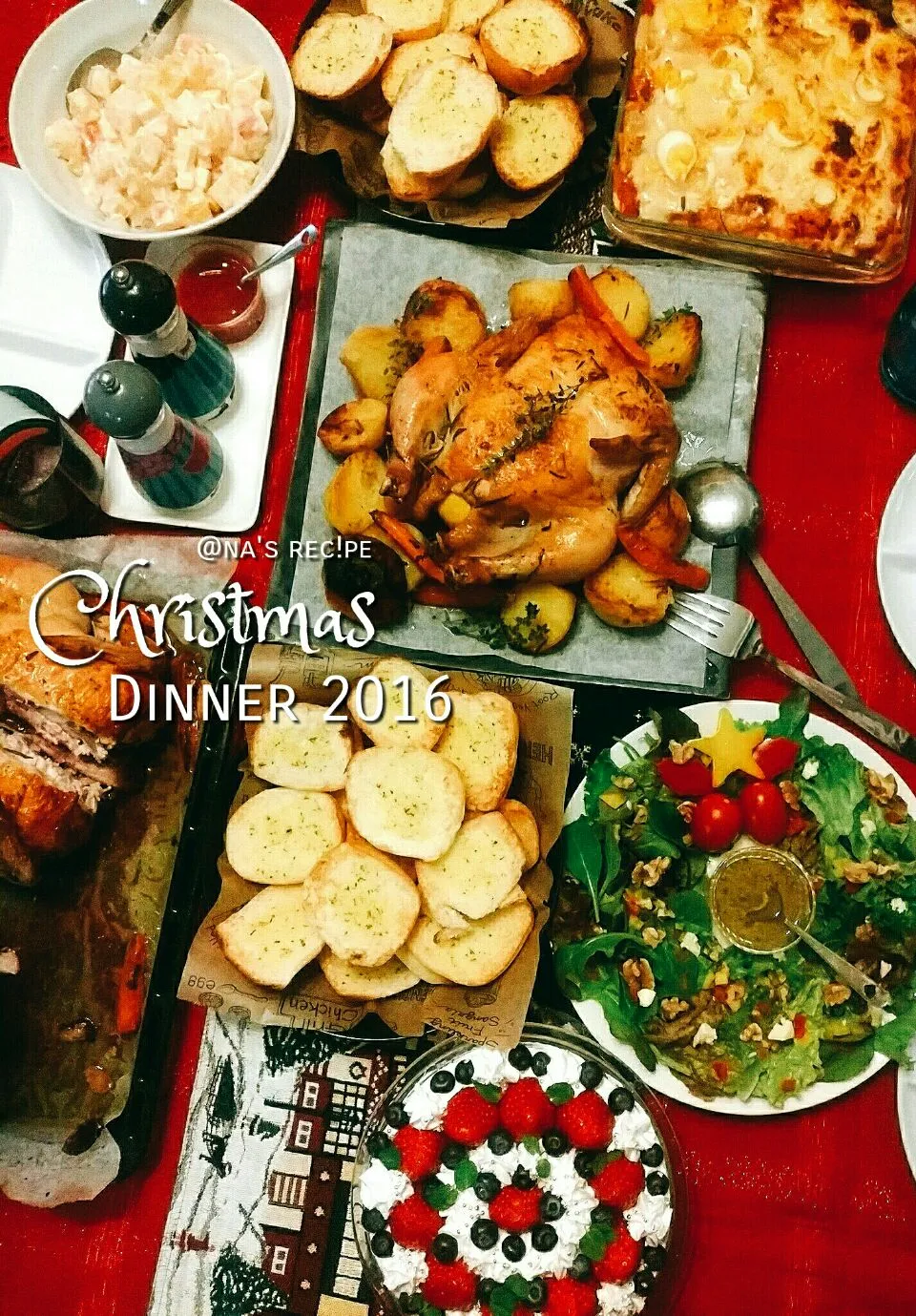 Christmas Dinner 2016
●ローストチキン
●あまおう＆ブルーベリーのスコップケーキ
●リースみたいなクルミサラダ
●ガーリックトースト
●ベイクドマカロニ＆エッグ
●フルーツサラダ|Kashimanakitchenさん