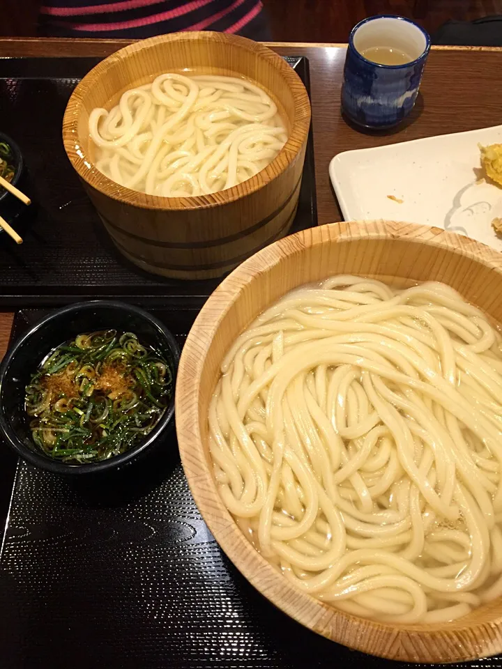 丸亀製麺 釜揚げうどん半額の日 特サイズ 240円 奥は並サイズ|うえのぶさん