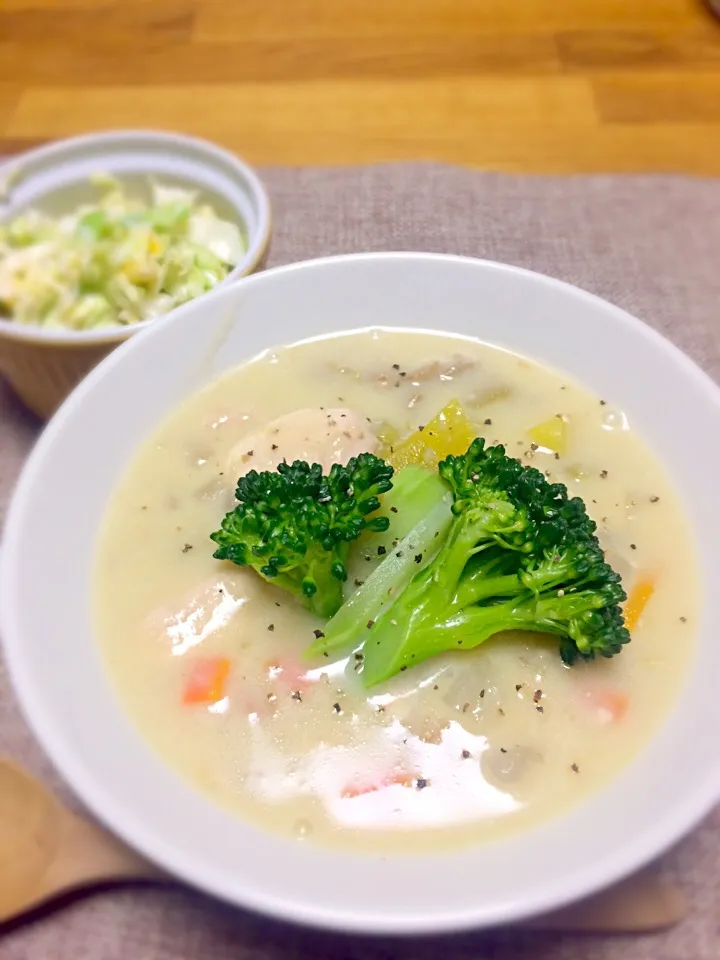 Snapdishの料理写真:餅入り豆乳クリームシチュー(o⁰⊖⁰o) #アレンジ料理 #基本の野菜スープ|morimi32さん