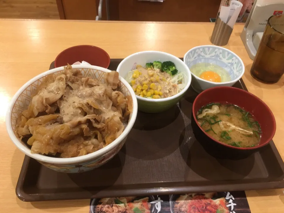 すき家の豚丼サラダ付セット、メガサイズ、卵別注に胡麻ドレ掛けて食べました。|畑田 成治さん