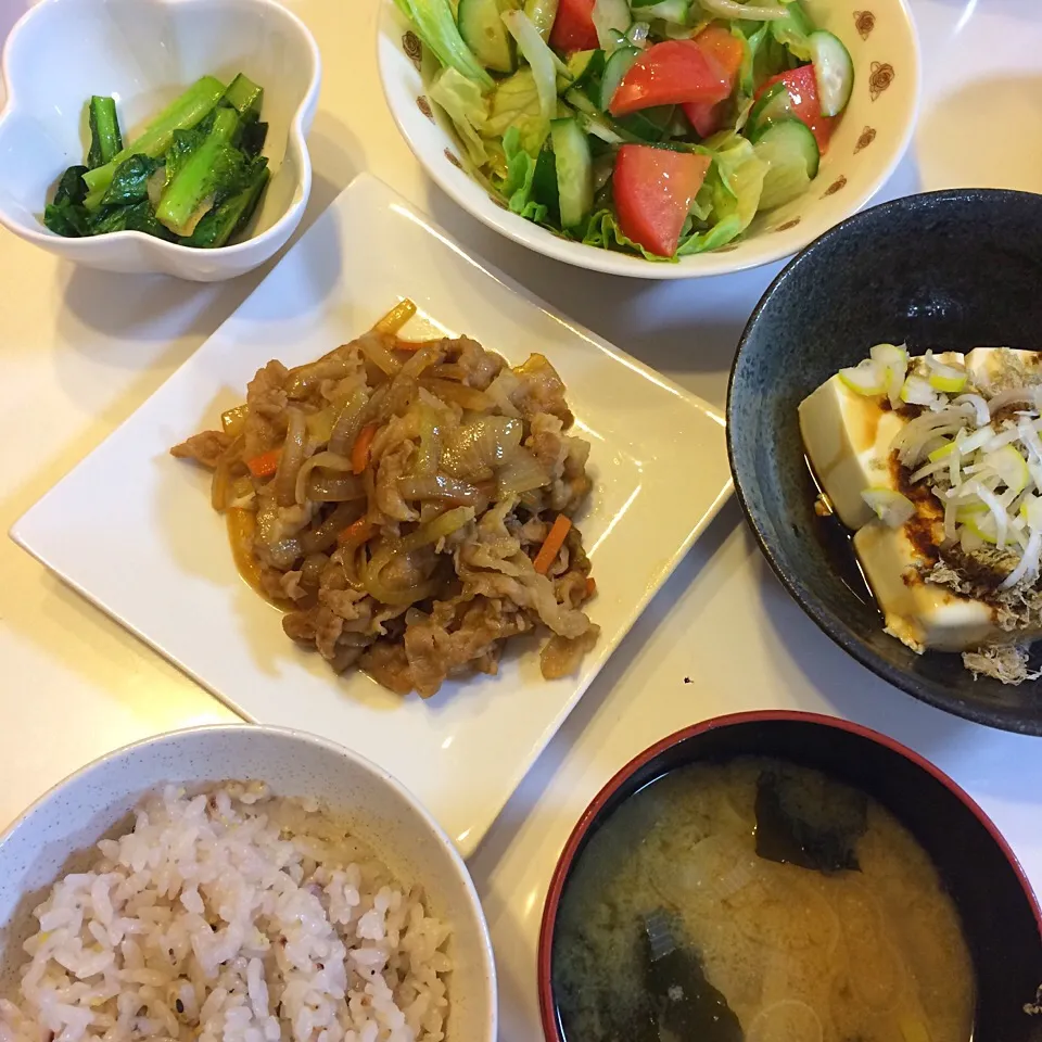 ❁豚肉と玉ねぎの甘辛炒め
❀小松菜のナムル
✿野菜サラダ
✾とろろ昆布のせ湯豆腐

2016/12/26|ちび太さん