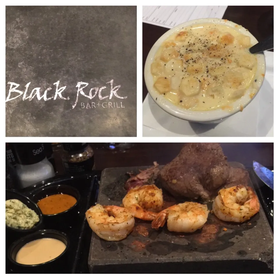 Rock & Sea- steak & shrimp on a stone  w/clam chowder soup & grilled aspagus.|Richard Thompsonさん