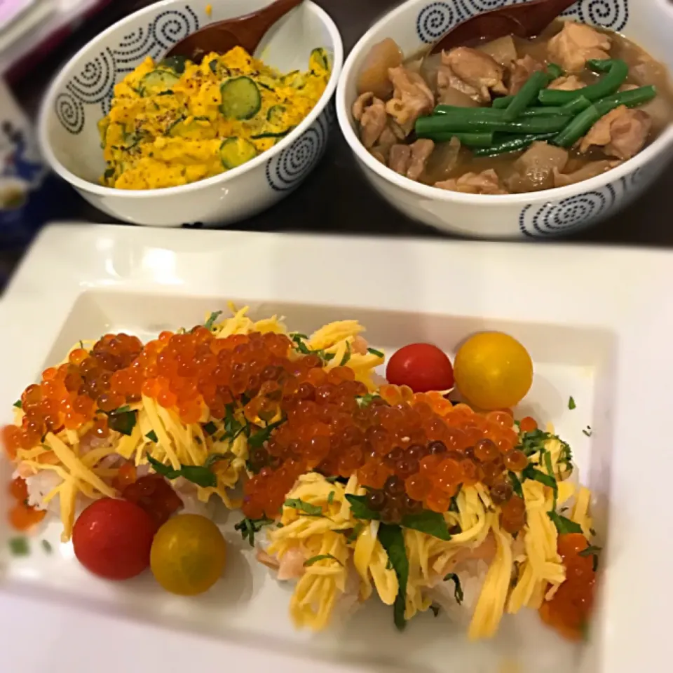 ❤︎パンプキンサラダ❤︎鶏肉とこんにゃくのさっぱり煮❤︎サーモンの押し寿司|NanaMOさん