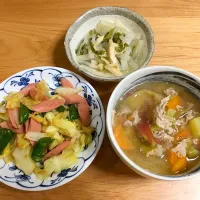 ソーセージとキャベツの炒め物⭐️豚汁⭐️大根の煮浸し