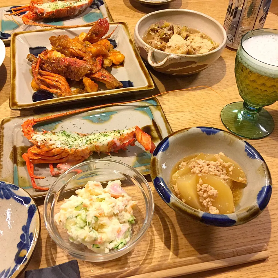 エビ、ポテサラ、肉豆腐、かぶのそぼろ煮、|popoさん