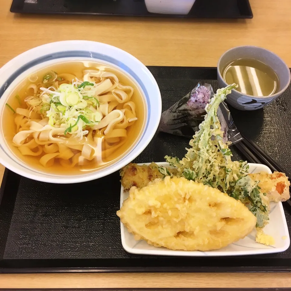 きしめん・レンコンと春菊の天ぷらとちくわの磯辺揚げ・ゆかりおにぎり|美也子さん