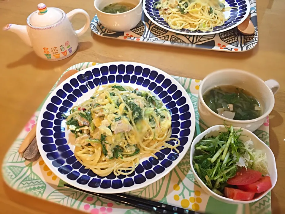 ミズナと豚肉のカルボナーラ風🐤|かなさん