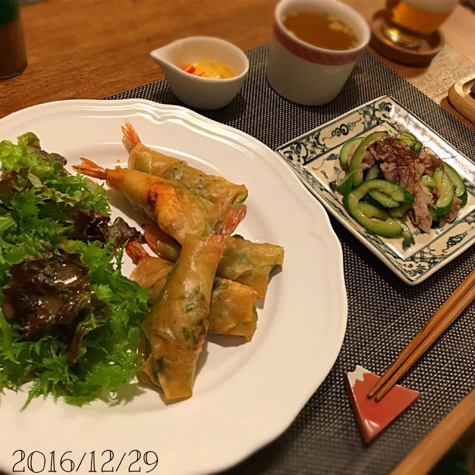 海老とアボカドの春巻き 豚こまときゅうりの炒めもの 春雨スープ|𓇼 Ⓢ Ⓗ Ⓘ Ⓝ Ⓞ Ⓑ Ⓤ 𓇼さん