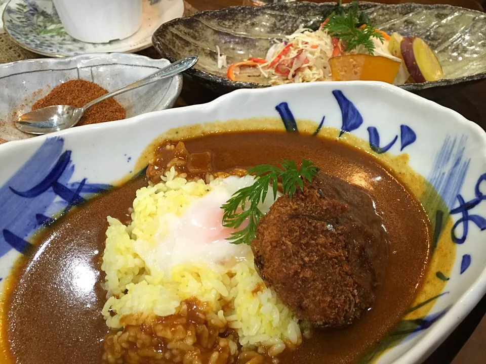 Snapdishの料理写真:やくぜん じゃころっけカレー サラダ付き|うえのぶさん