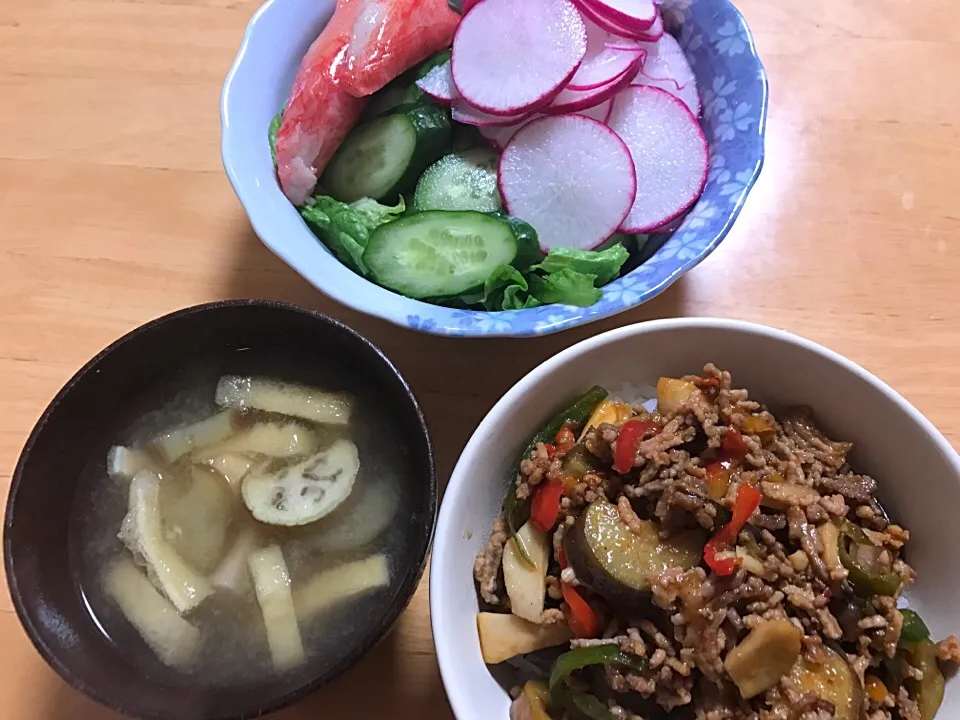 あまり野菜とひき肉のピリ辛丼
サラダ
味噌汁|さえさん