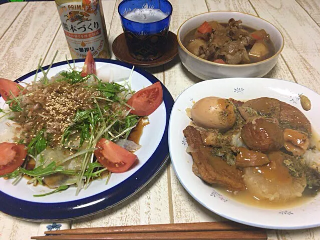 Snapdishの料理写真:今日の男飯(＞人＜;)静岡おでん♬and大根と水菜のサラダwithトマト♬肉じゃが♬|ひーちゃんさん